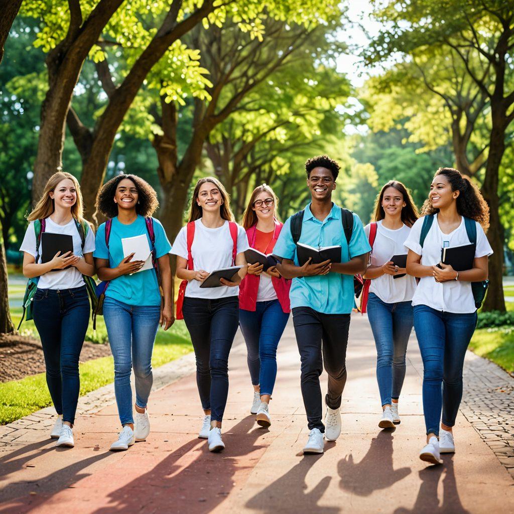 A vibrant scene depicting a diverse group of students, each holding different study materials and smiling confidently, navigating a colorful path lined with books, charts, and motivational quotes. Bright sunlight filters through the trees, creating an inviting atmosphere of positivity and success. The background features an open book that seems to be unfolding into a road, representing the journey of education and preparation. super-realistic. vibrant colors. cheerful ambiance.