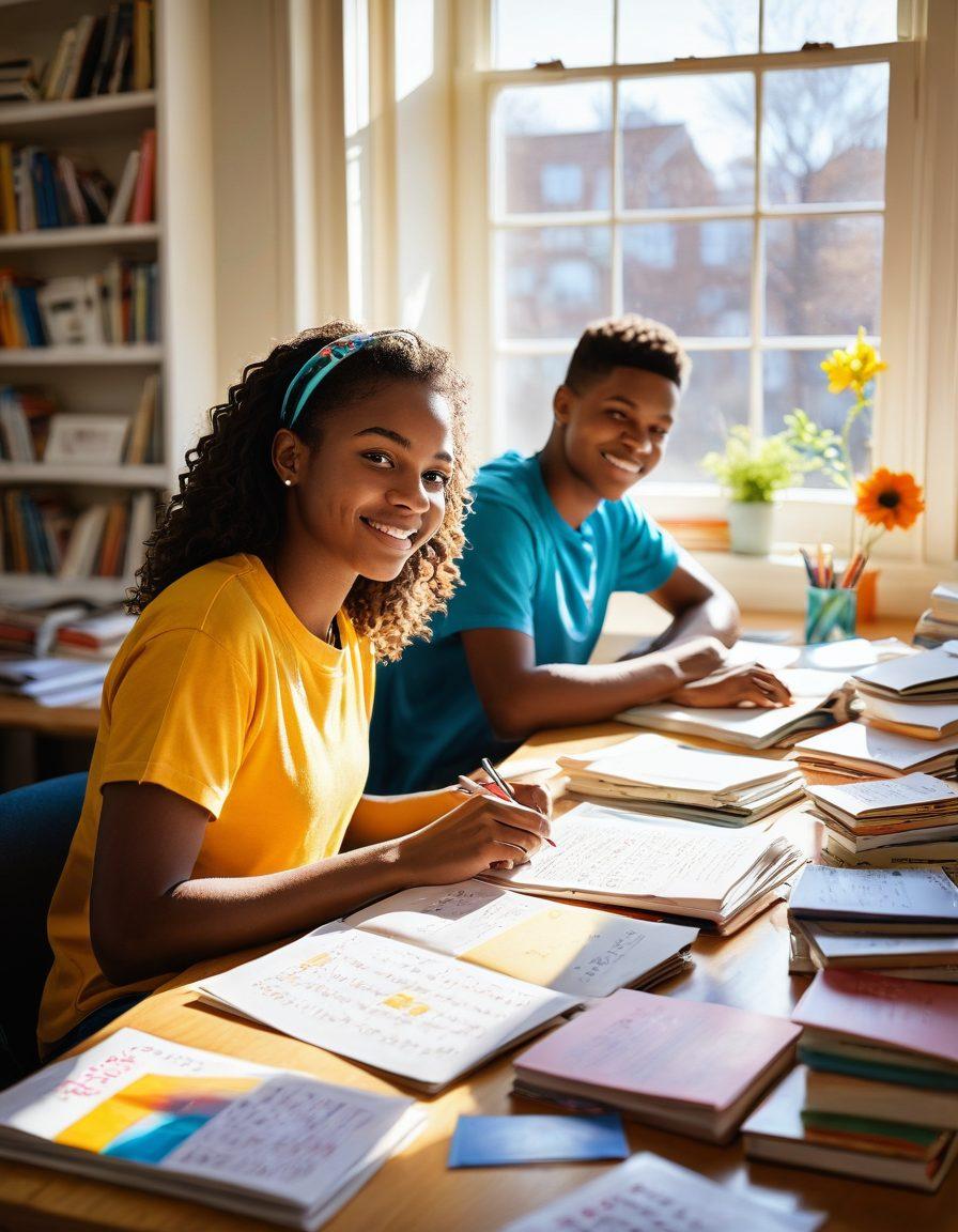 A student joyfully studying at a bright and colorful desk, surrounded by books and motivational posters. Illustrate a warm sunlight streaming through a window, enhancing the cheerful atmosphere. Include elements like a calendar with exam dates marked and notes filled with tips and strategies. The scene should convey hope and enthusiasm toward academic success. vibrant colors. super-realistic.
