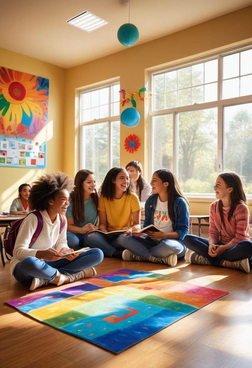 A vibrant classroom scene where diverse students are joyfully engaging in collaborative learning activities, surrounded by colorful educational tools and playful decorations. The atmosphere should radiate positivity, with bright sunlight streaming through large windows, showcasing a transformation from frustration to excitement in learning. super-realistic. vibrant colors. uplifting ambiance.